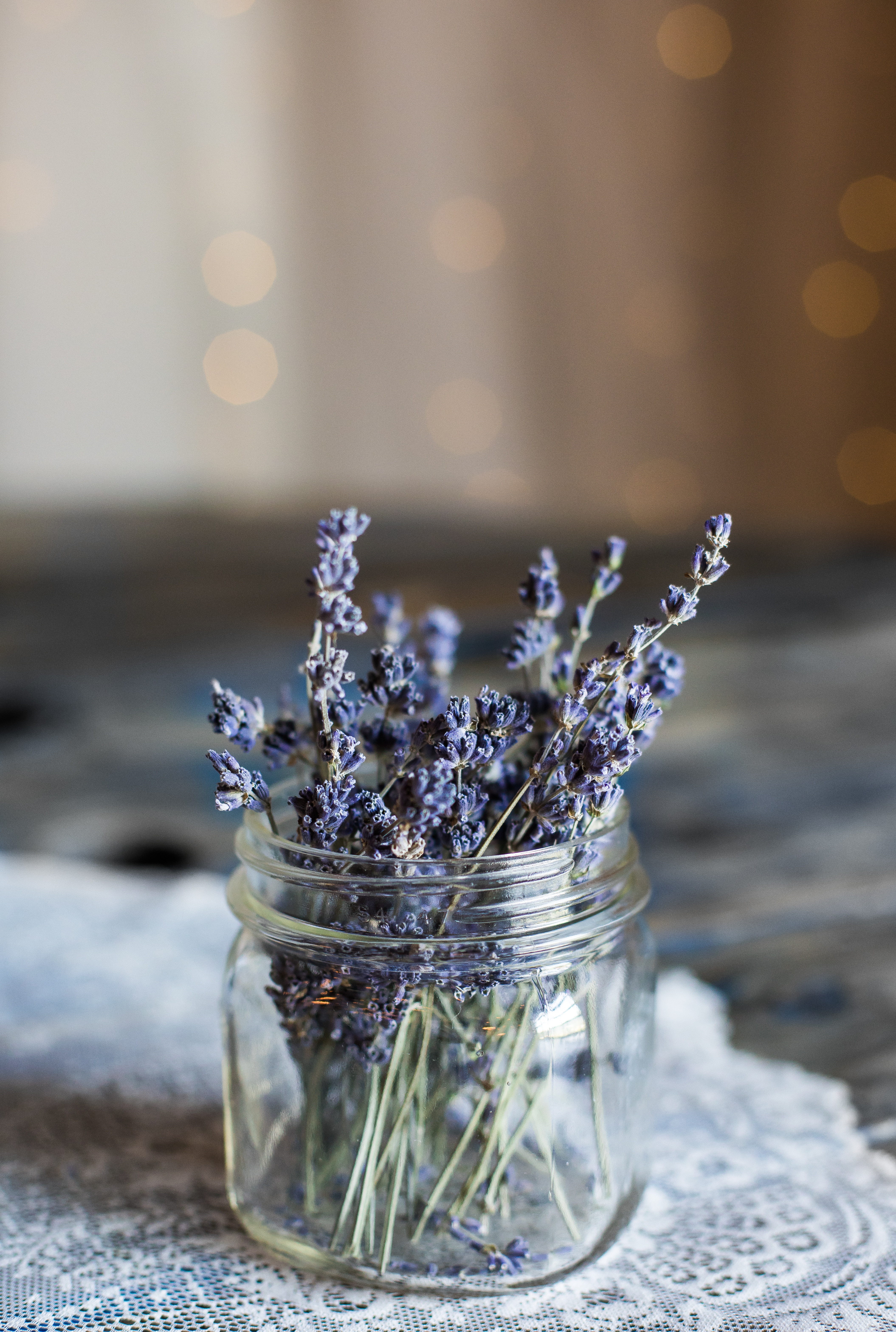 selective focus photography of blue petaled flowers in clear glass jar